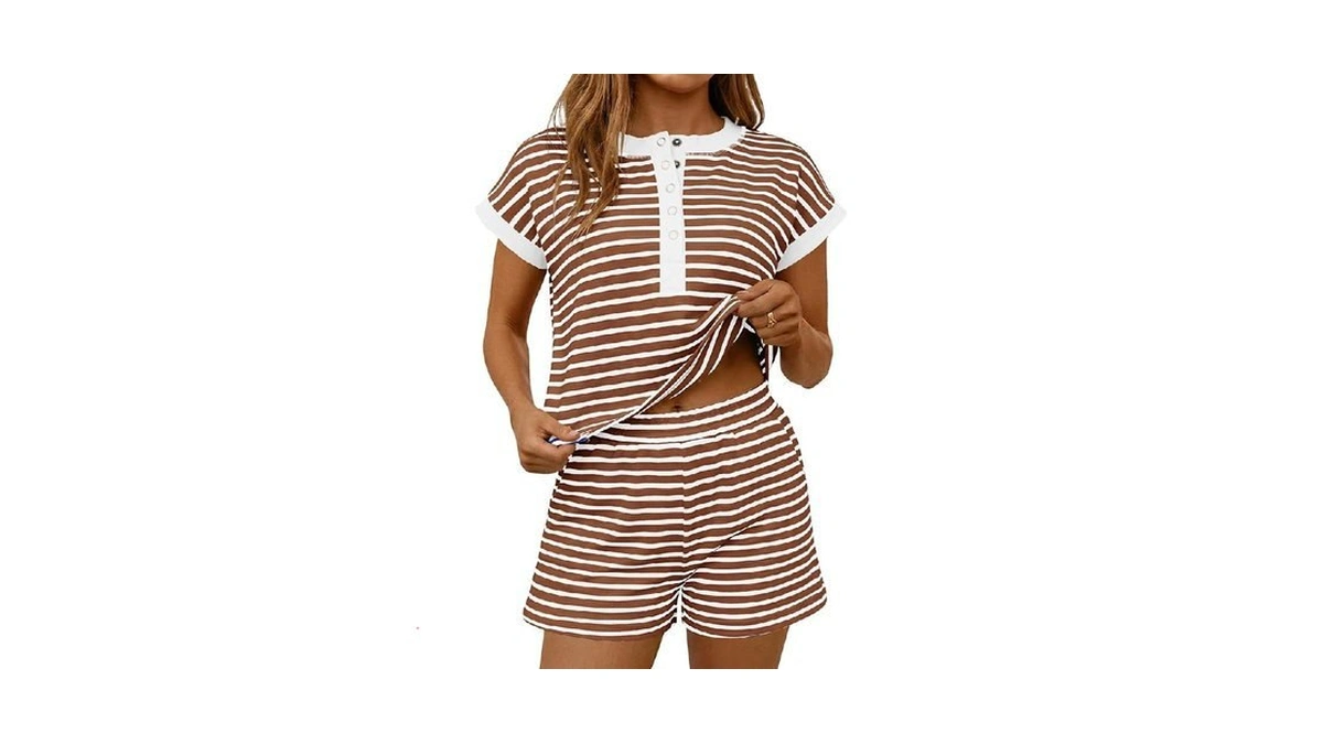 Fisoew Womens Striped 2 Piece Outfits Shorts Sets Casual Button