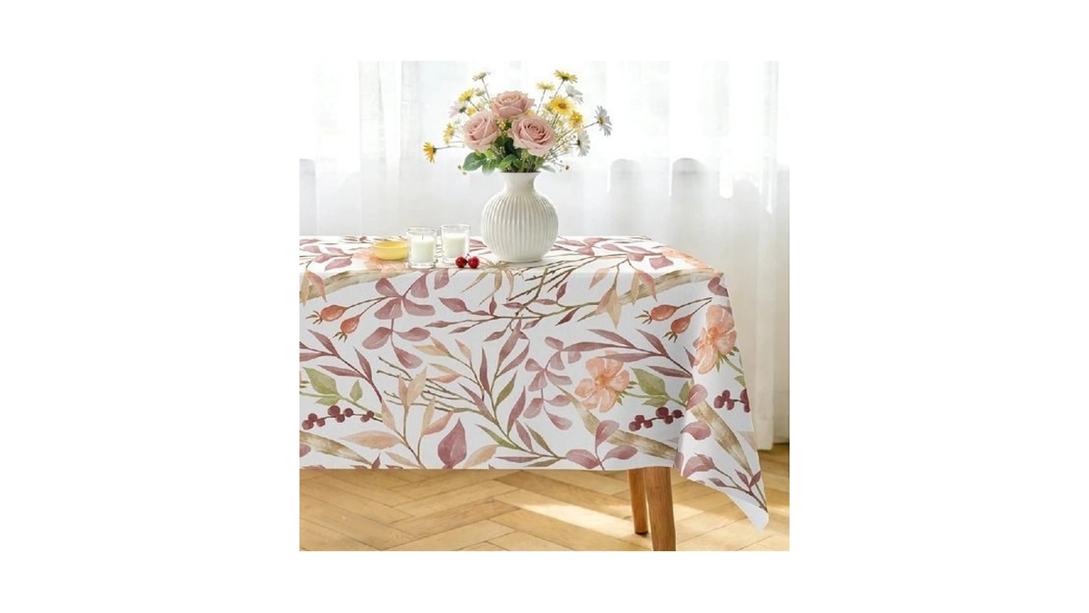 Yuruku Spill Proof Tablecloth Rectangle 100% Polyester Floral Printed Fabric,