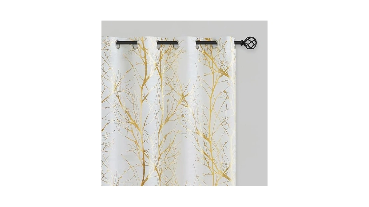 Fmfunctex Linen Semi Sheer Curtains, Gold Foil Metallic Print White