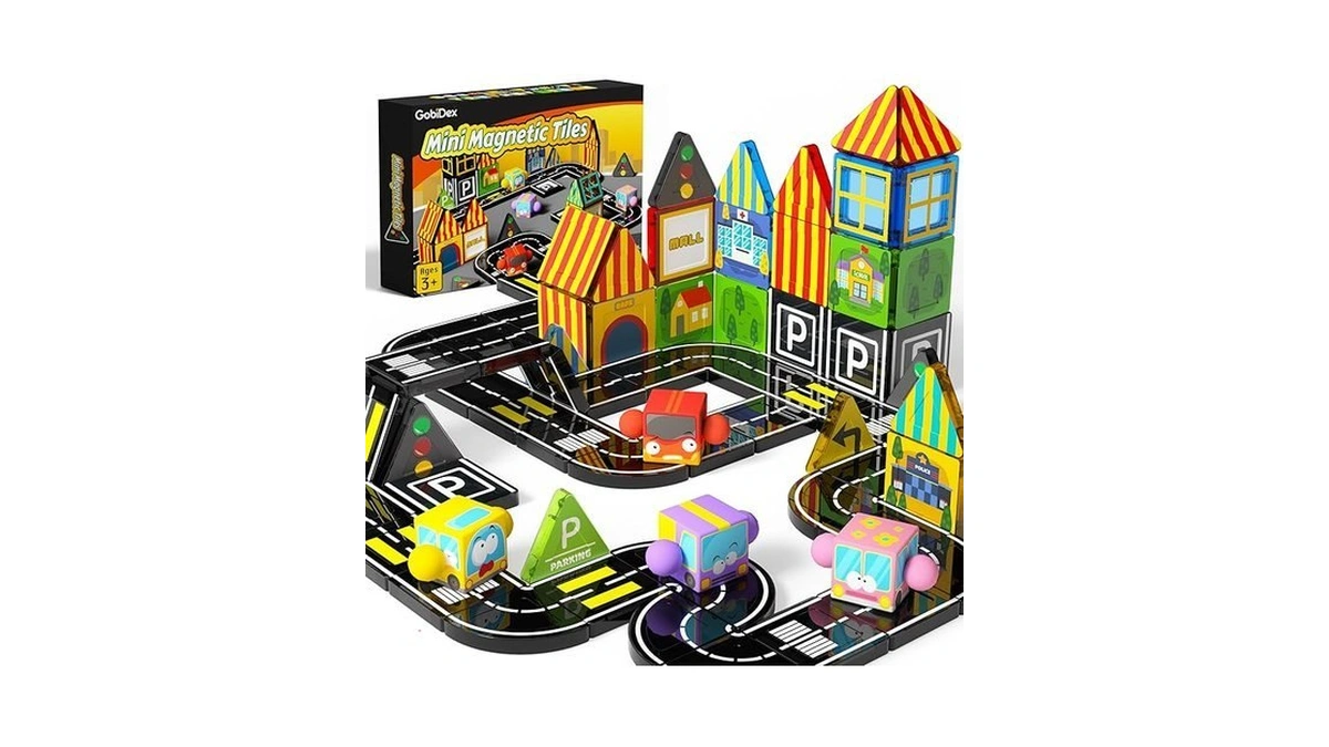 Gobidex Magnetic Tiles Road Building With 4 Cars, 60 Pcs