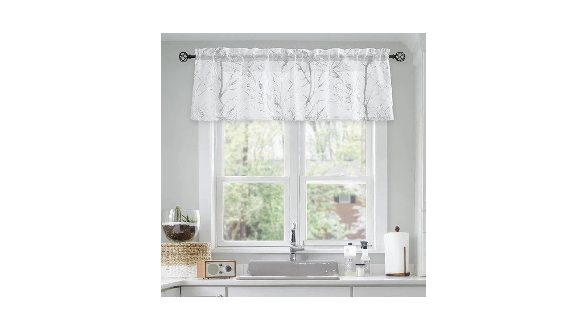Fmfunctex Foil Silver Branch White Sheer Valance Curtain For Living