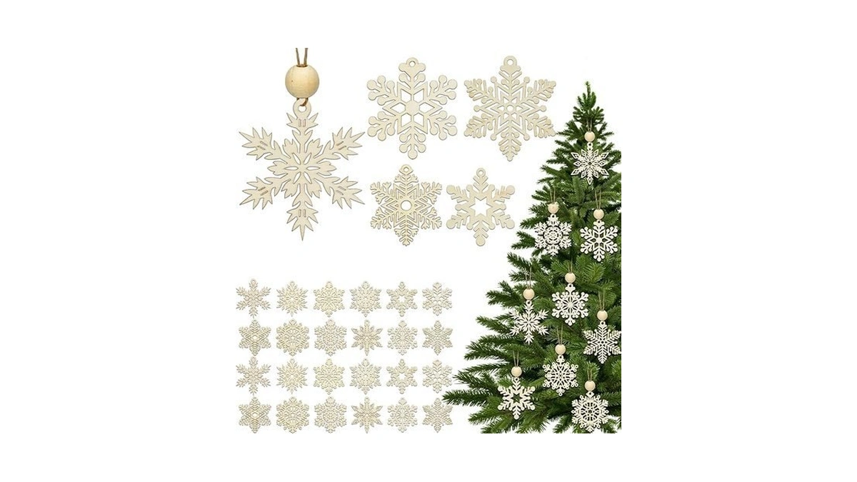 24 Pcs Wooden Christmas Snowflakes Ornaments 4.3inch 12 Designs Diy