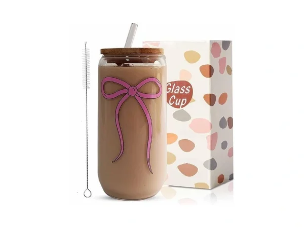 Meogutyi Pink Bow Cup, Cute Bow Glass, 16 Oz Glass
