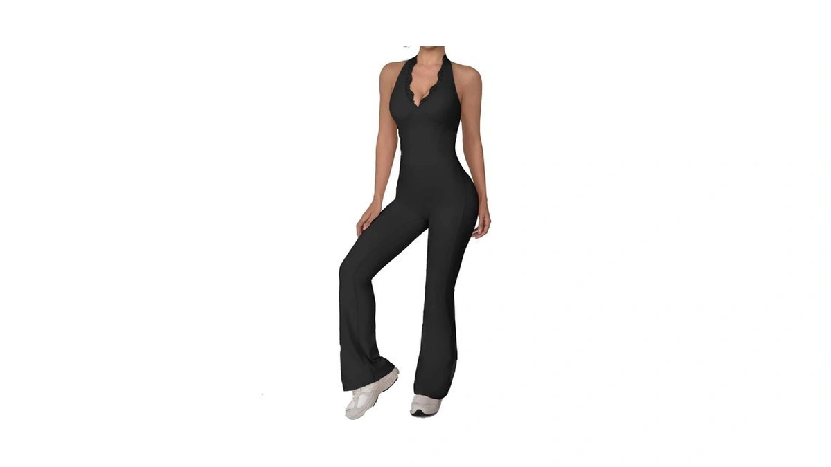 Kaifuying Women Workout Scrunch Flare Jumpsuits Lace Deep V Hanging