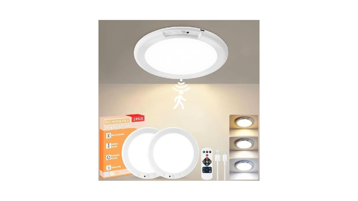 Kyekio Rechargeable Ceiling Light 2pack, 3 Color Magnetic Motion Sensor