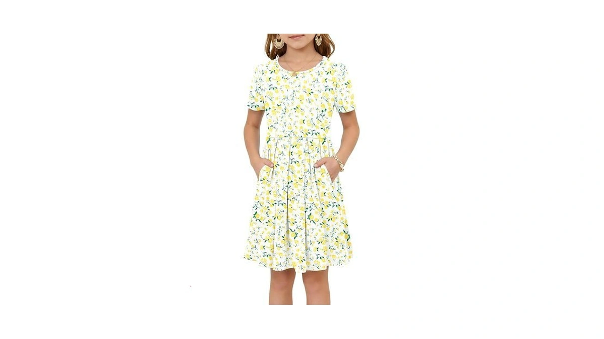 Girls Summer Short Sleeve Dress Kids Casual Crew Neck Pleated