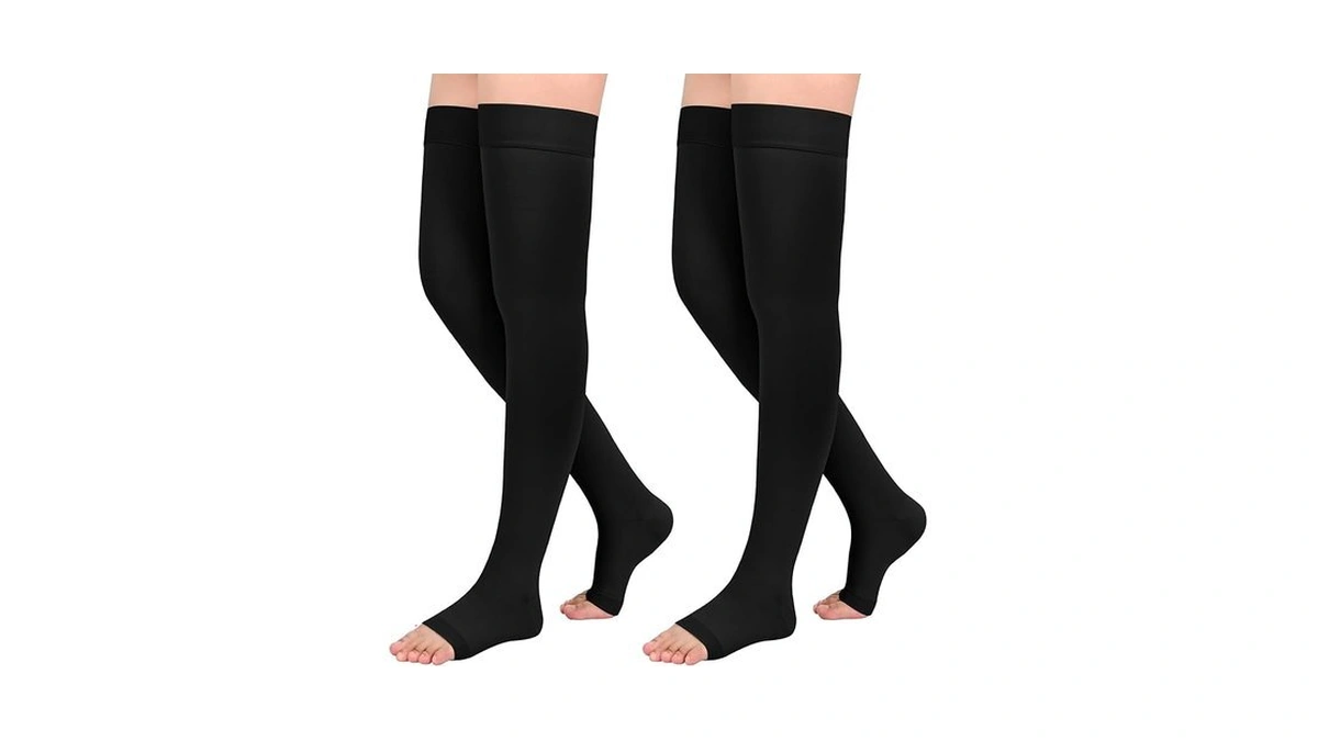 2pairs Ktinnead 20-30mmhg Thigh High Compression Stockings For Women, Open-toe