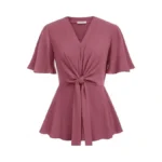 Womens Dark Pink Peplum Tops V Neck Bell Sleeve Tops