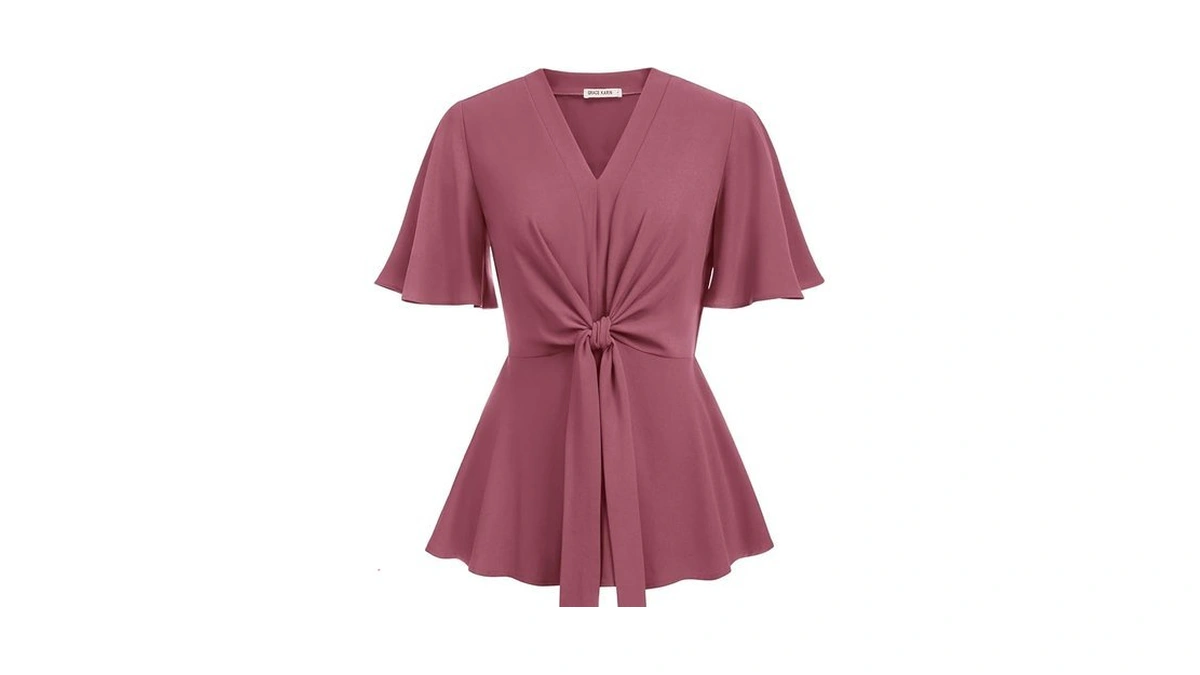 Womens Dark Pink Peplum Tops V Neck Bell Sleeve Tops