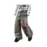 Qgrswbc Mens Baggy Jeans Embroidery Pattern Denim Trousers Wide Leg