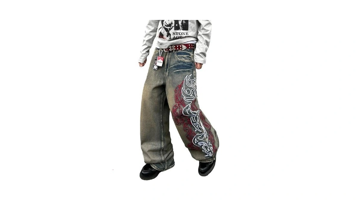 Qgrswbc Mens Baggy Jeans Embroidery Pattern Denim Trousers Wide Leg