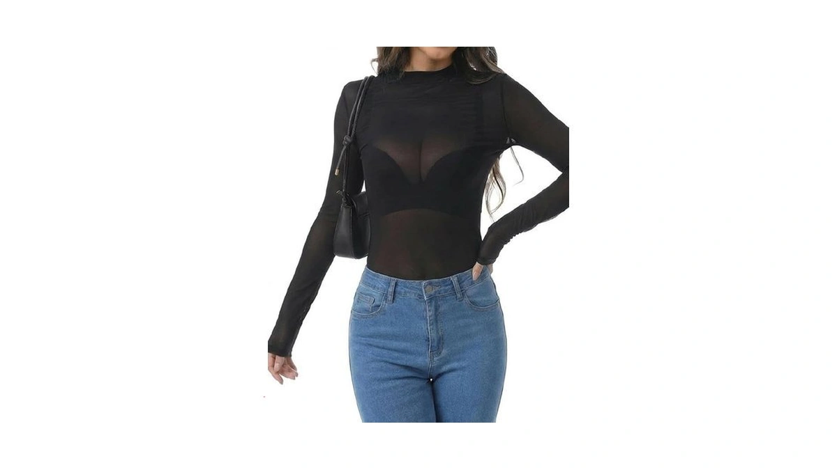 Sheer Tops For Women Mock Neck Black Mesh Long Sleeve