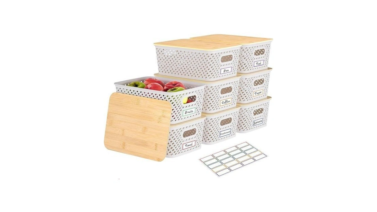 Anysig 8 Packs Plastic Storage Bins With Bamboo Lids -