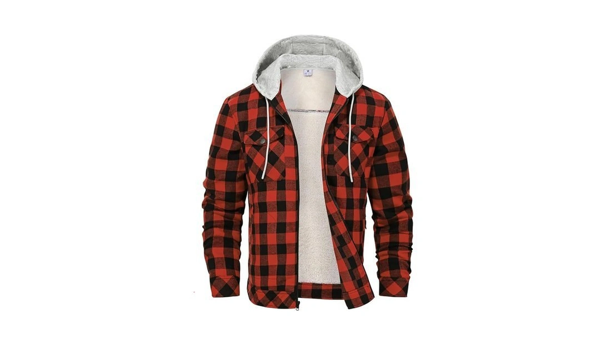 Rdruko Men's Flannel Plaid Shirt Jacket With Hood Sherpa Lined