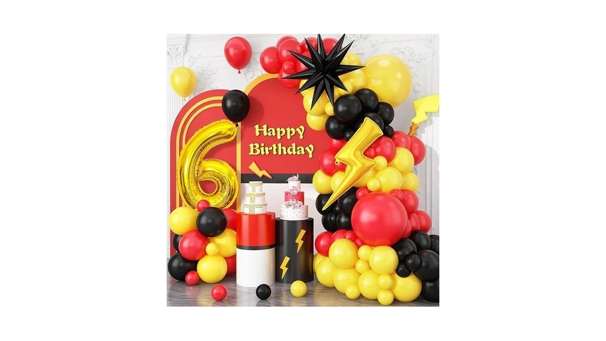 6th Birthday Red Black Yellow Balloon Arch Kit, 6th Cartoon