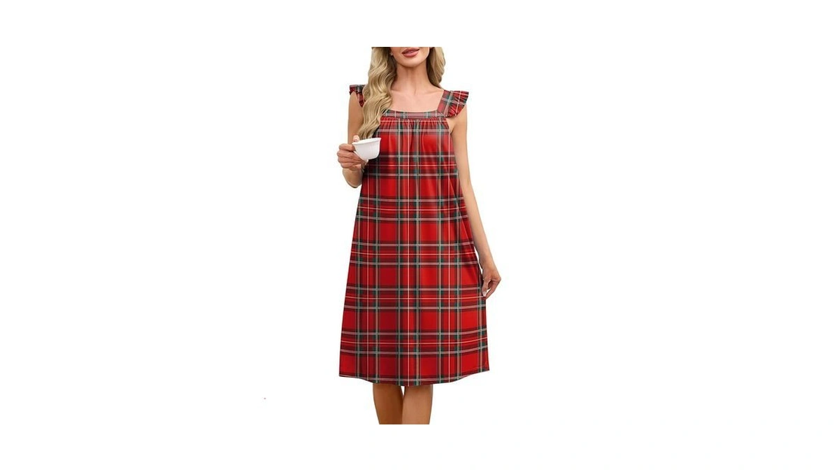 Namatime Nightgowns For Women Ruffle Plaid House Dress With Pocktets