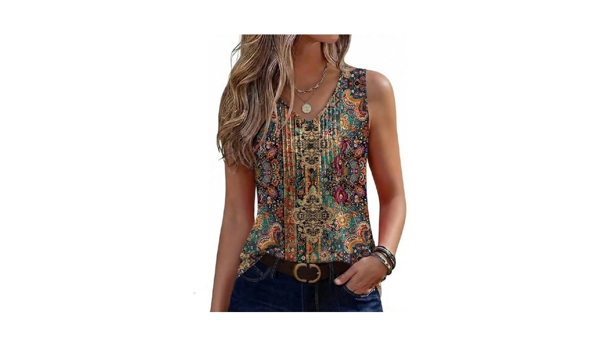Zeagoo Boho Tank Tops For Women Pleated V Neck Tunic