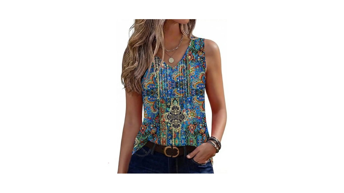 Zeagoo Boho Tank Tops For Women Pleated V Neck Tunic
