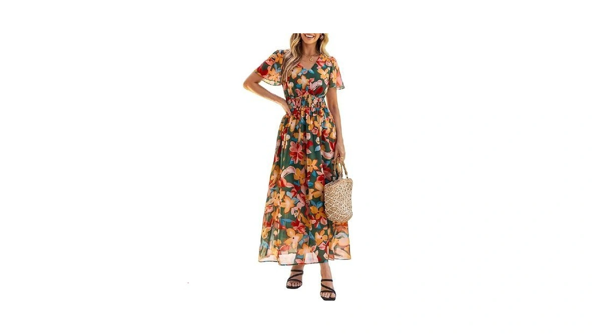 Simplee Womens Summer Boho Floral Maxi Dress V Neck Empire