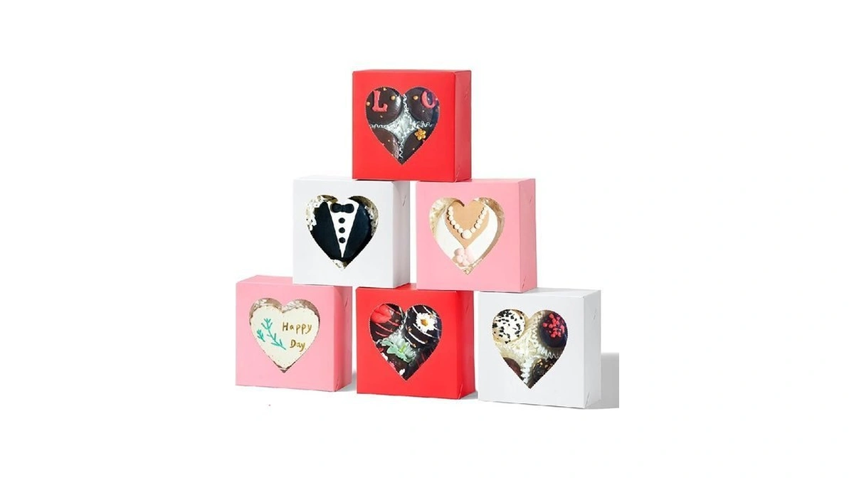 Temlqpack 24pcs 4"x4"x2" Heart-shaped Window Bakery Boxes In White, Pink,