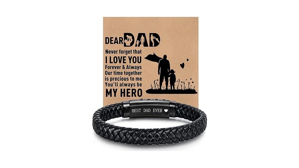 Fathers Day Gift For Dad Mens Leather Bracelet, Adjustable Black