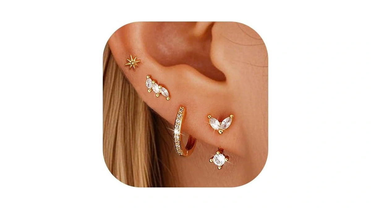 Gold Stud Earrings For Women, 6 Pairs 14k Hypoallergenic Cartilage
