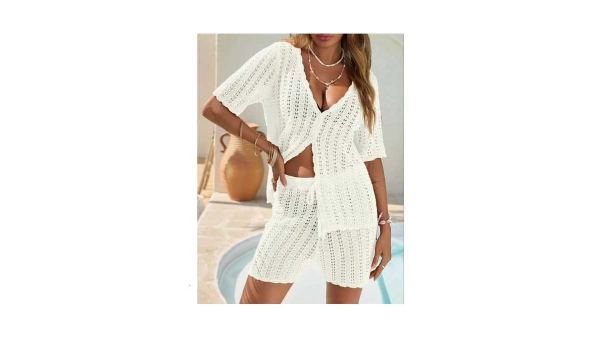 Saodimallsu Womens Crochet Swimsuit Cover Up Short Sleeve V Neck