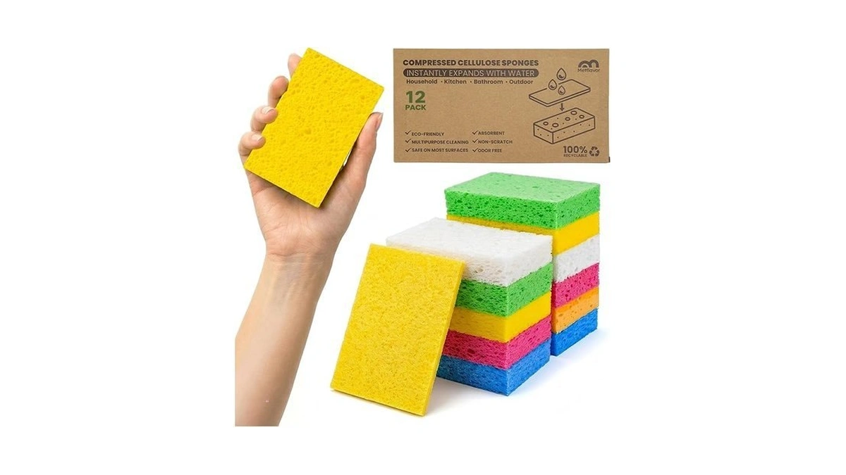 Metflavor Compressed Kitchen Sponges, 12 Count, Thick Non-scratch Cellulose Dish