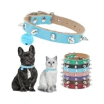 Bingpet Spiked Leather Cat Collar With Bells, Studded Dog Collar