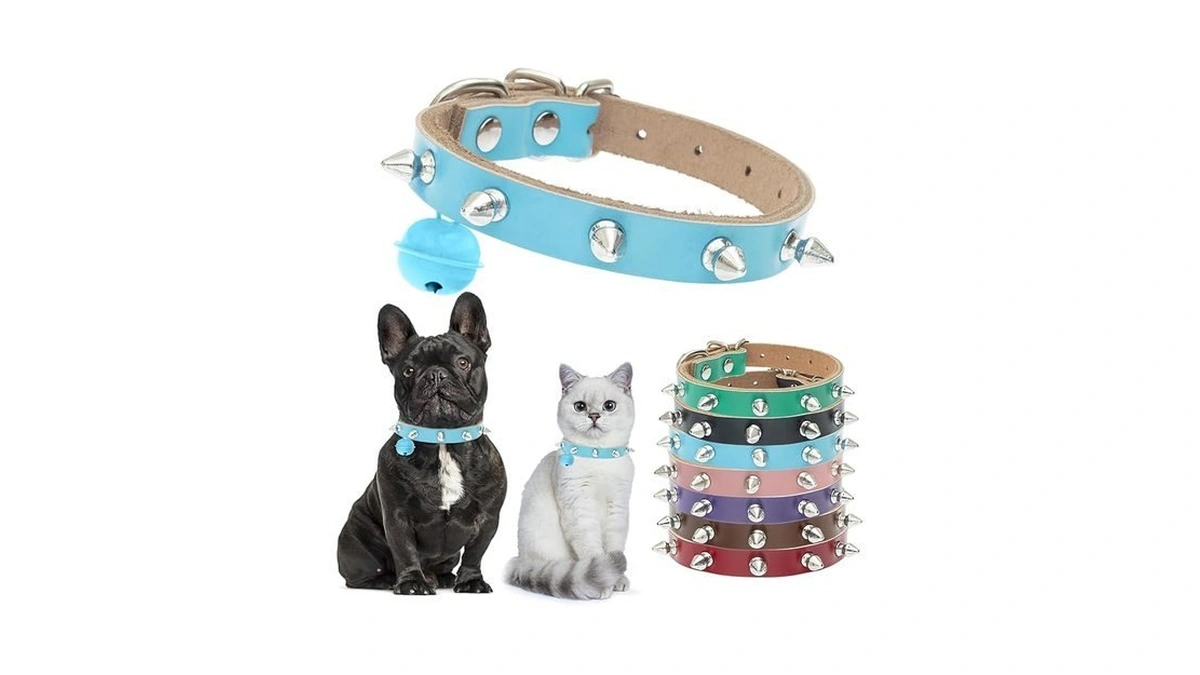 Bingpet Spiked Leather Cat Collar With Bells, Studded Dog Collar