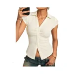 Womens Button Down Shirts, Ruched Summer Tops With Y2k Collar,