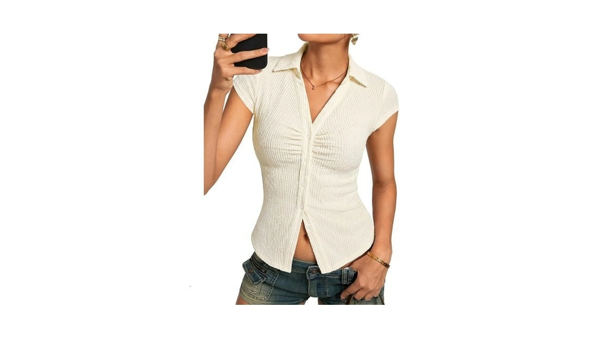 Womens Button Down Shirts, Ruched Summer Tops With Y2k Collar,