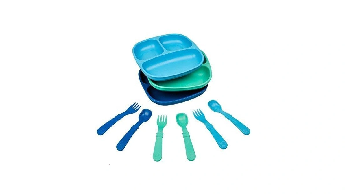 Re-play 3x3 Divided Toddler Plates And Utensils Set - Toddler