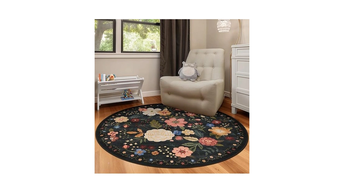 4ft Round Machine Washable Area Rug For Living Room, Black