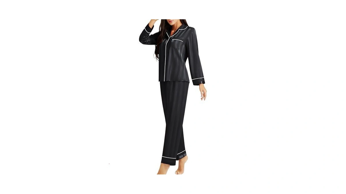 Lonxu Womens Silk Satin Pajamas Set Black Striped Xl
