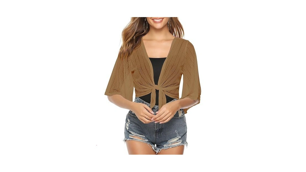Iclosam Women Sheer Shrug Tie Front 3/4 Sleeve Cropped Bolero