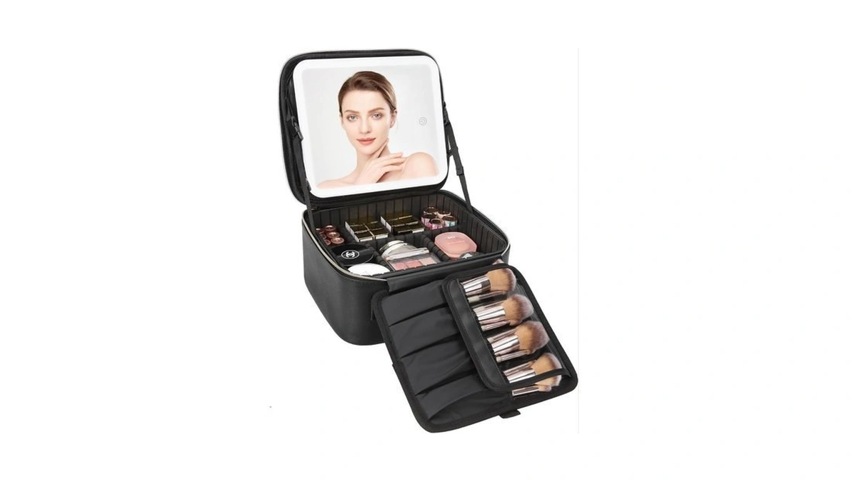 Relavel Travel Makeup Bag With Led Mirror, Cosmetic Train Case