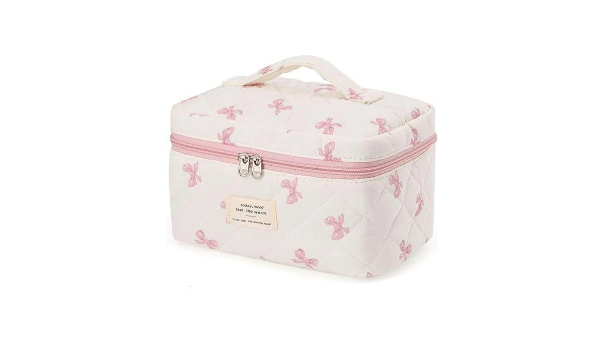 Mzluwm Large Travel Quilted Makeup Bag，cute Bow Cotton Cosmetic Bag,