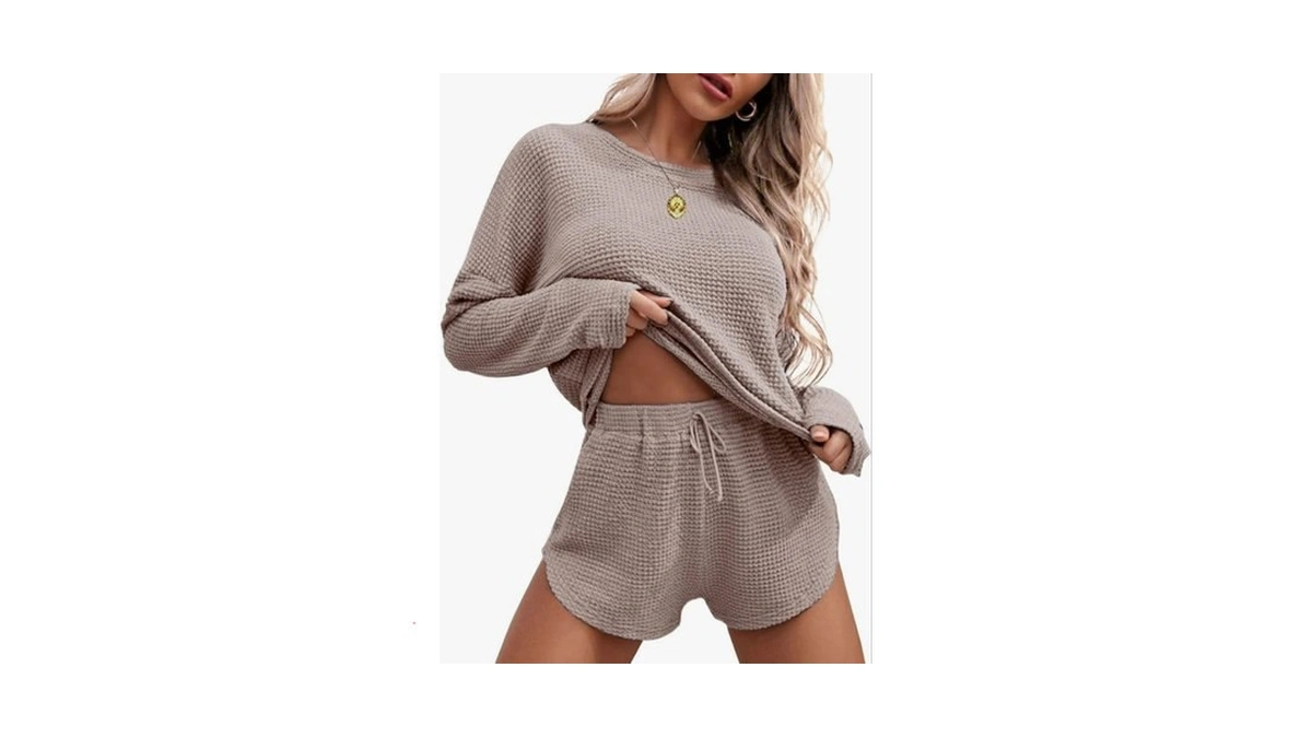 Ekouaer Womens Waffle Knit Pajama Sets Long Sleeve Top And