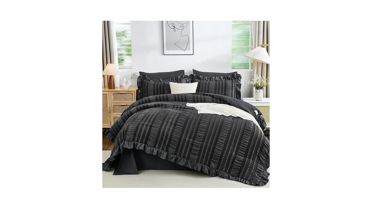 Wongs Bedding Queen Comforter Set,dark Grey Cute Ruffle Comforter For