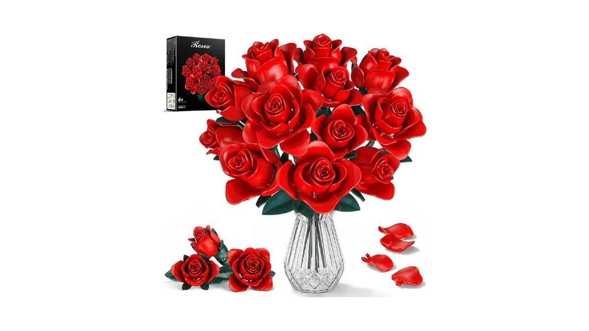 Eafzv Flowers Bouquet Building Set, 12 Artificial Red Roses Botanical
