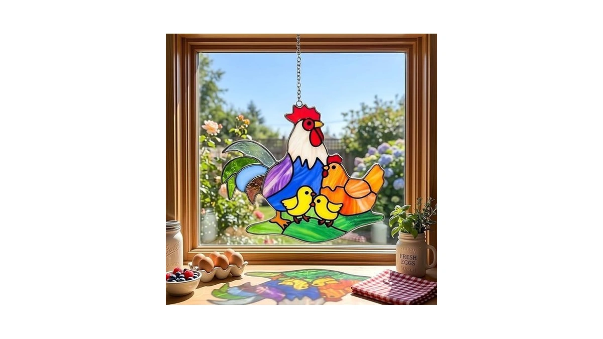 Chicken Stained Glass Suncatcher For Window Hanging, Rooster Kitchen Decor