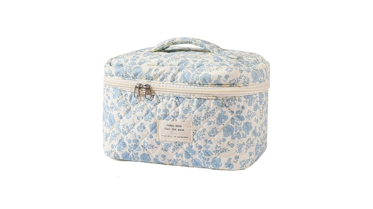 Uekeboag Large Travel Quilted Makeup Bag For Women, Floral Cotton