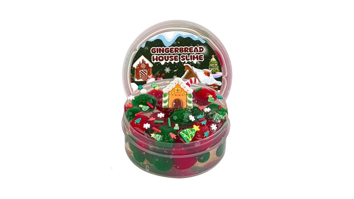 Gingerbread House Green & Red Pom-poms Clear Slime, Slimes Party