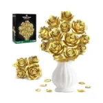 Metallic Gold Roses Flower Bouquet Building Sets, 670pcs Golden Roses