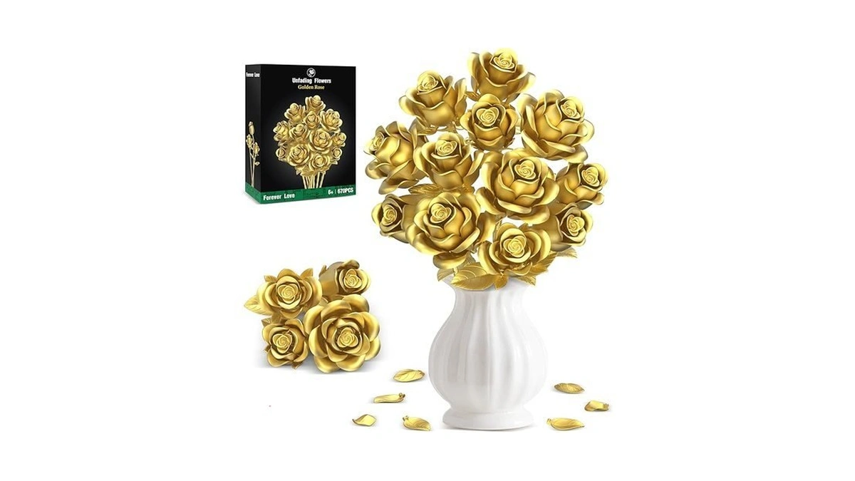 Metallic Gold Roses Flower Bouquet Building Sets, 670pcs Golden Roses