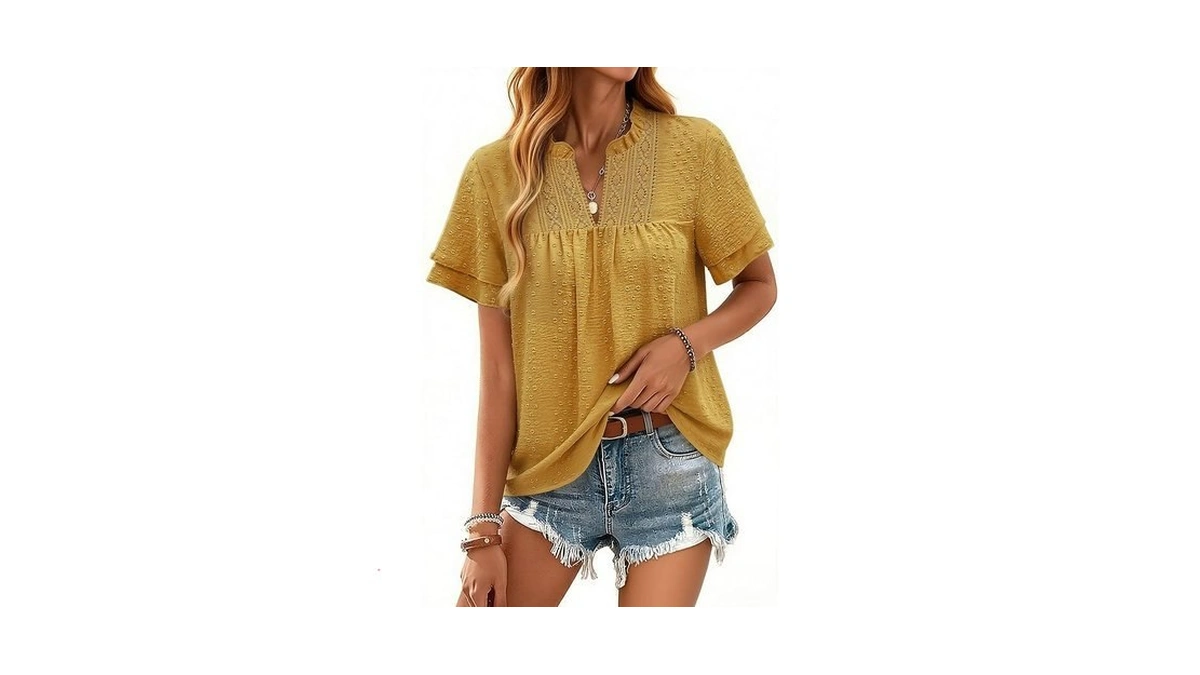 Halife Womens Boho Tops Lace Embroidered Ruffled Short Sleeve Blouses