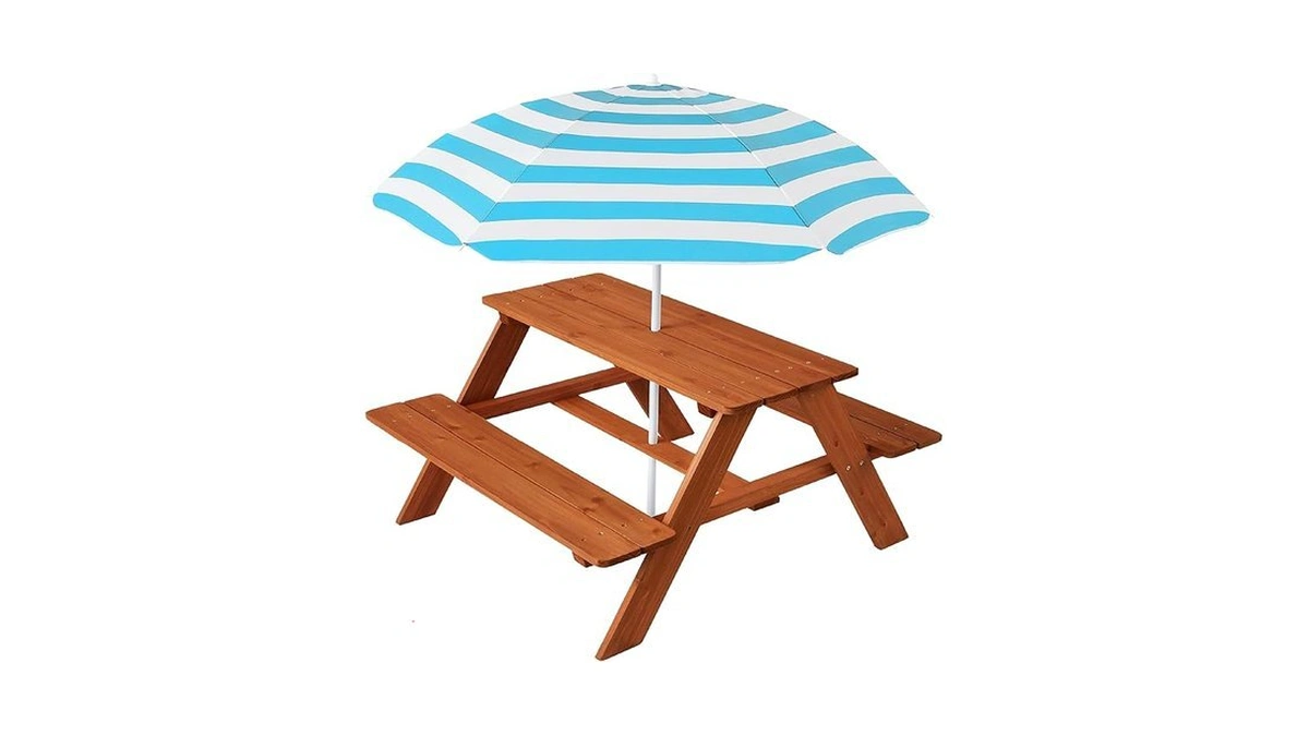 Best Choice Products Wooden Kids Picnic Table With Umbrella, Outdoor