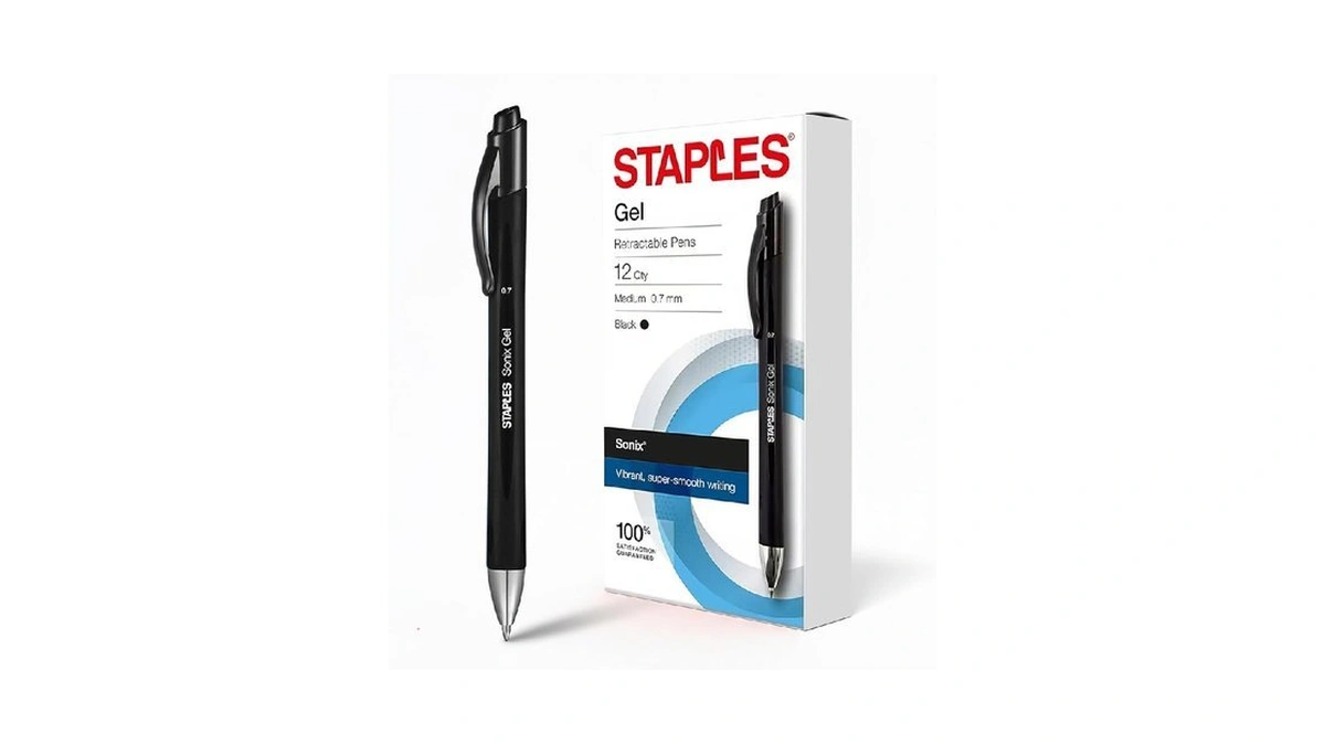 Staples Retractable Gel Pens, Medium Point 0.7mm, Black Ink, 12