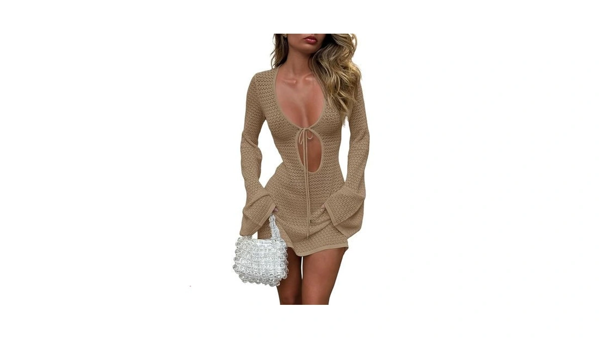 Saodimallsu Womens Crochet Swimsuit Cover Up Long Bell Sleeve V